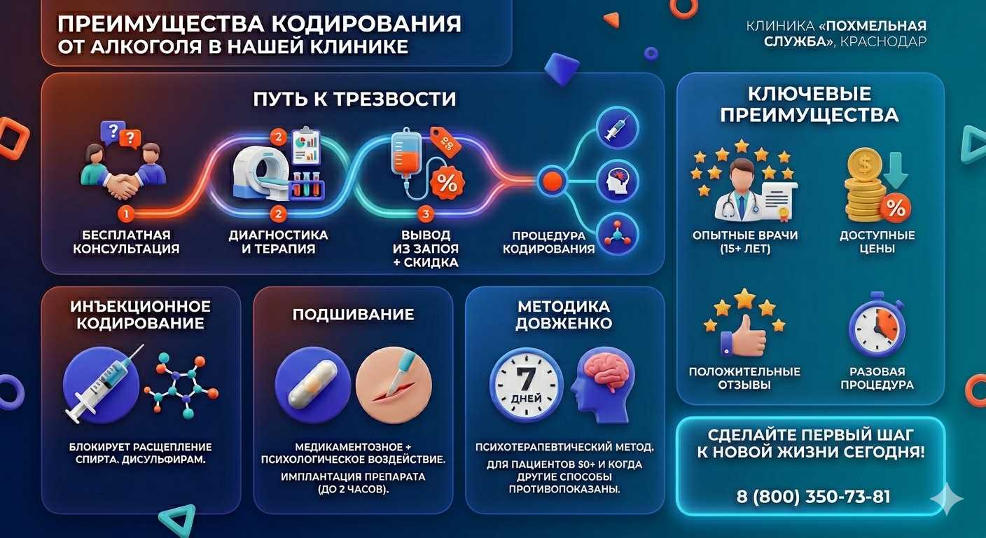 Инфографика о методах кодирования от алкоголя в Дегтярске: инъекции, подшивание, метод Довженко. Преимущества клиники и этапы лечения.