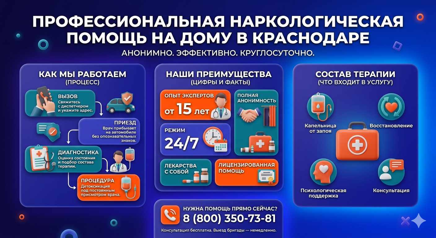 Инфографика о принципах лечения алкоголизма на дому в Дегтярске: этапы вызова нарколога, преимущества анонимной детоксикации и состав медицинской помощи.